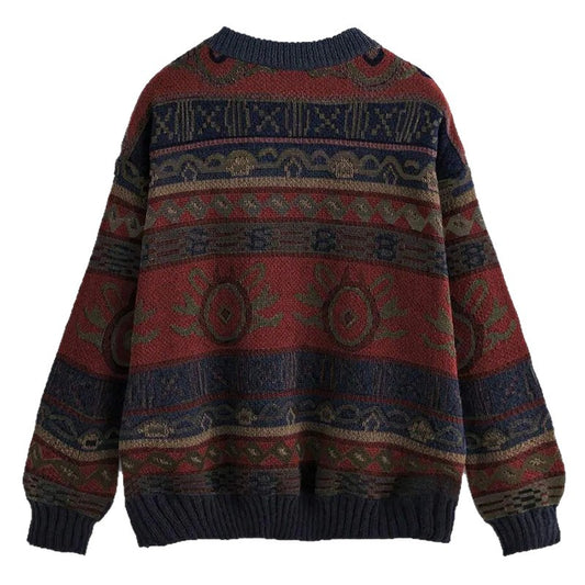 New Jacquard Color-block Round Neck Pullover Sweater Women