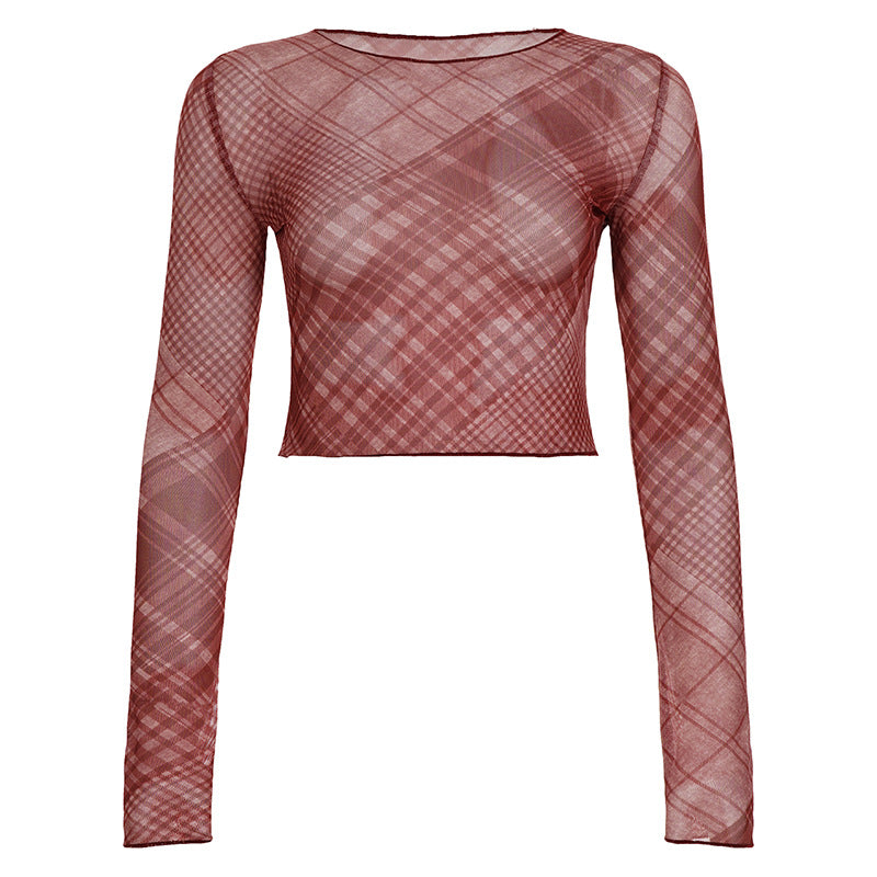 Contrast Color Check Mesh Outerwear Lightweight See-through Sexy Top