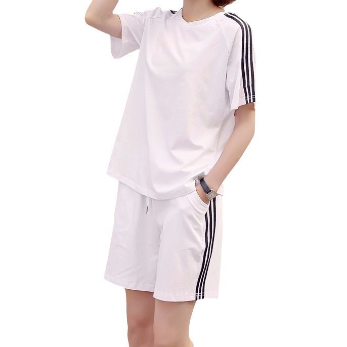 Casual Sportswomen Three-stripe Loose Short Sleeve Shorts Two-piece Set
