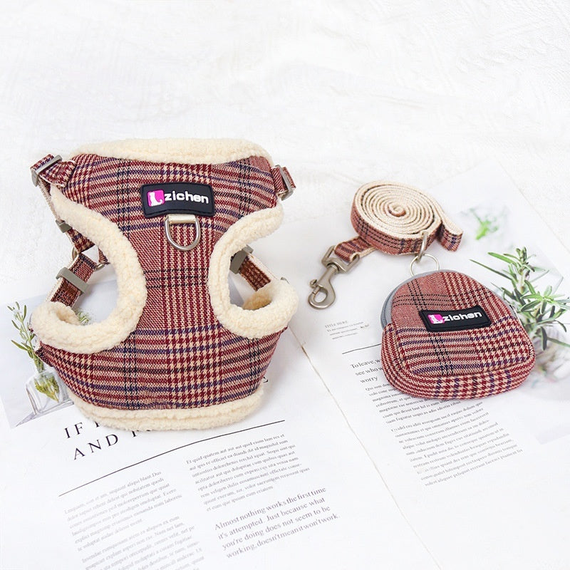 Dog Leash Vest With Plaid And Fleece Lining