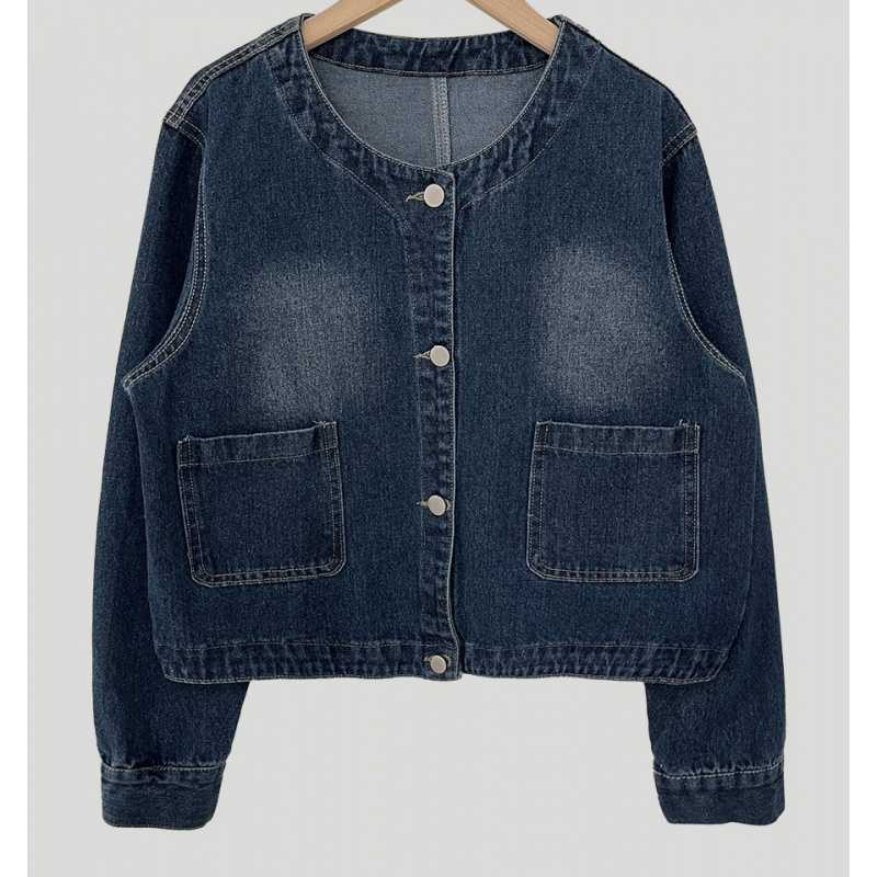 Retro Crew Neck Double Pocket Simple Wash Denim Jacket