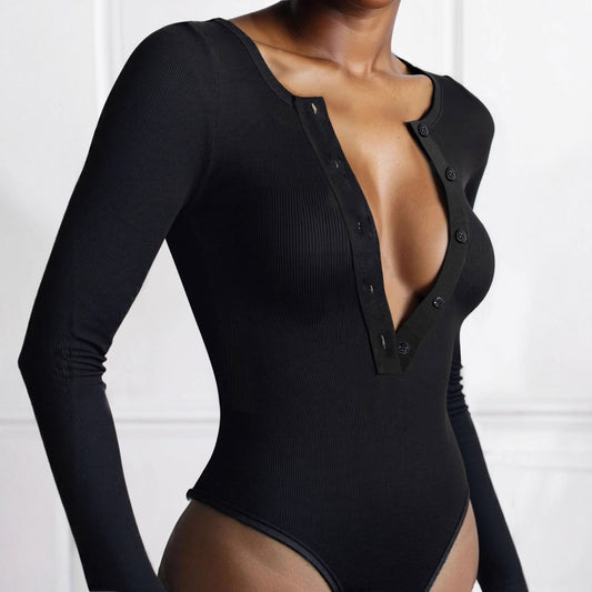 Solid Color Sexy Slim-fit Ribbed Button Long-sleeve Women's Bodysuit