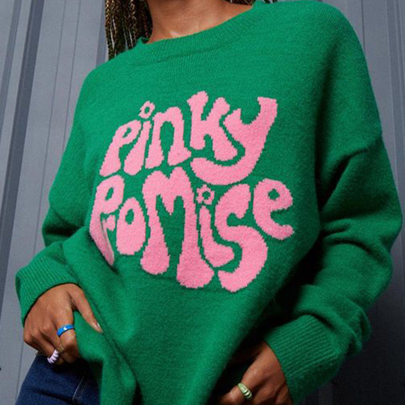 Round Neck Long Sleeve Letter Pattern Knitted Sweater Women's Pullover