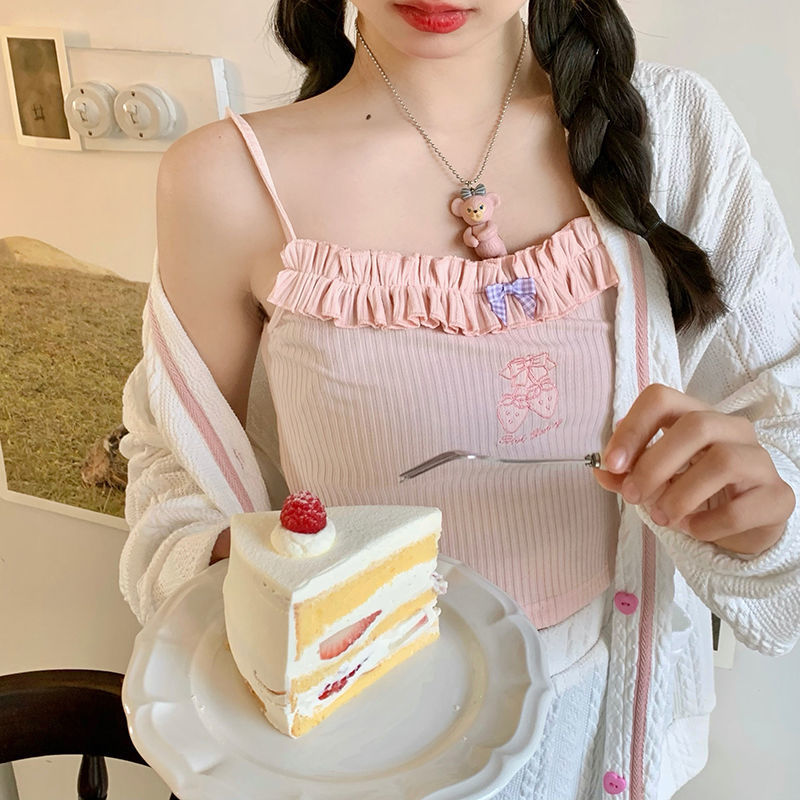 Summer New Girly Style Strawberry Embroidery Sweet Camisole