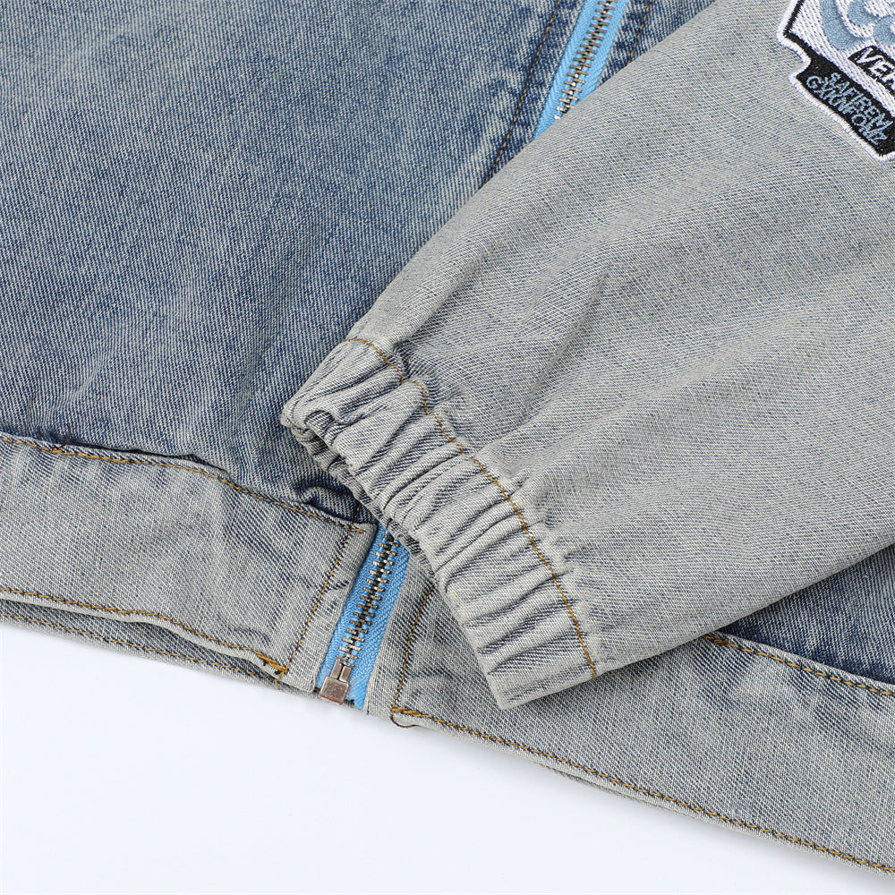 Men's Stitching Embroidered Letters Washed And Worn Zipper Denim Coat Fashion