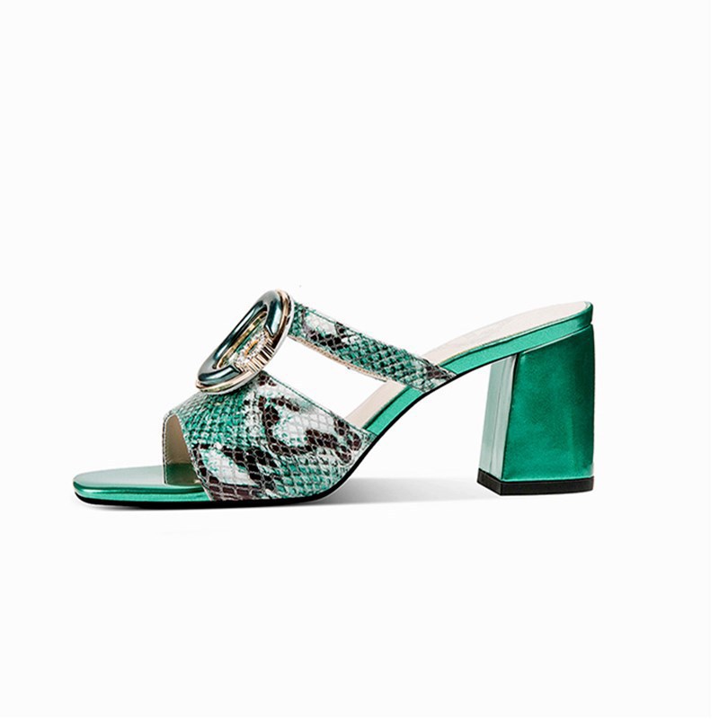 Rhinestone Half Slippers Women's Thick Heel Fashion Outer Wear Mid-heel Mesh Soft Sole