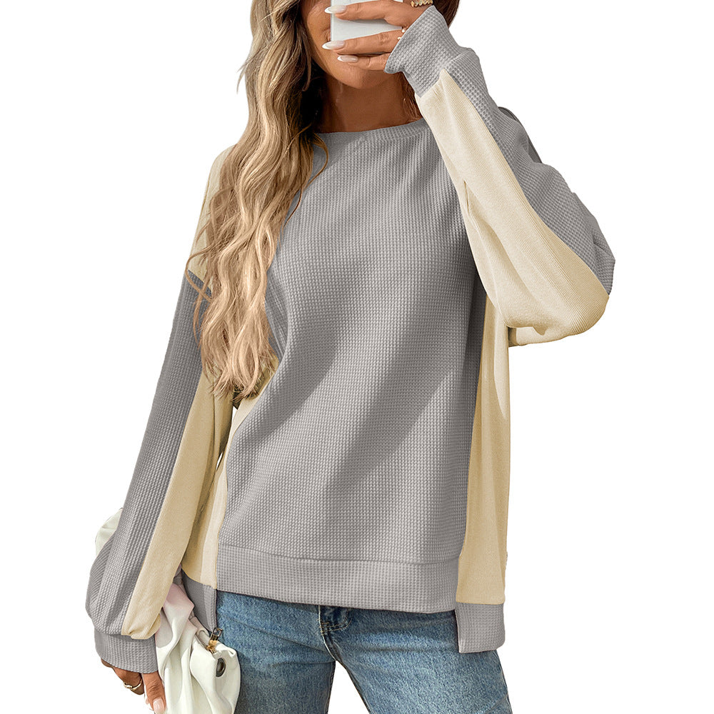 Crew-neck Casual Loose-fit Contrast-color Long-sleeve Waffle-knit Top
