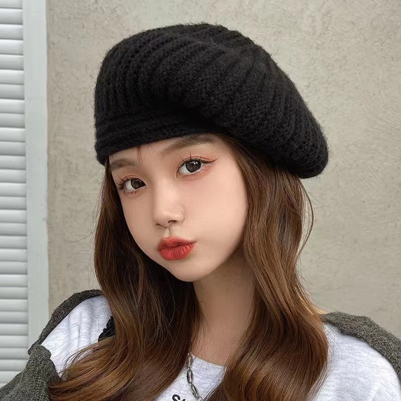 Knitted Beret Women's Ripple Wide Brim Simple And Fashionable