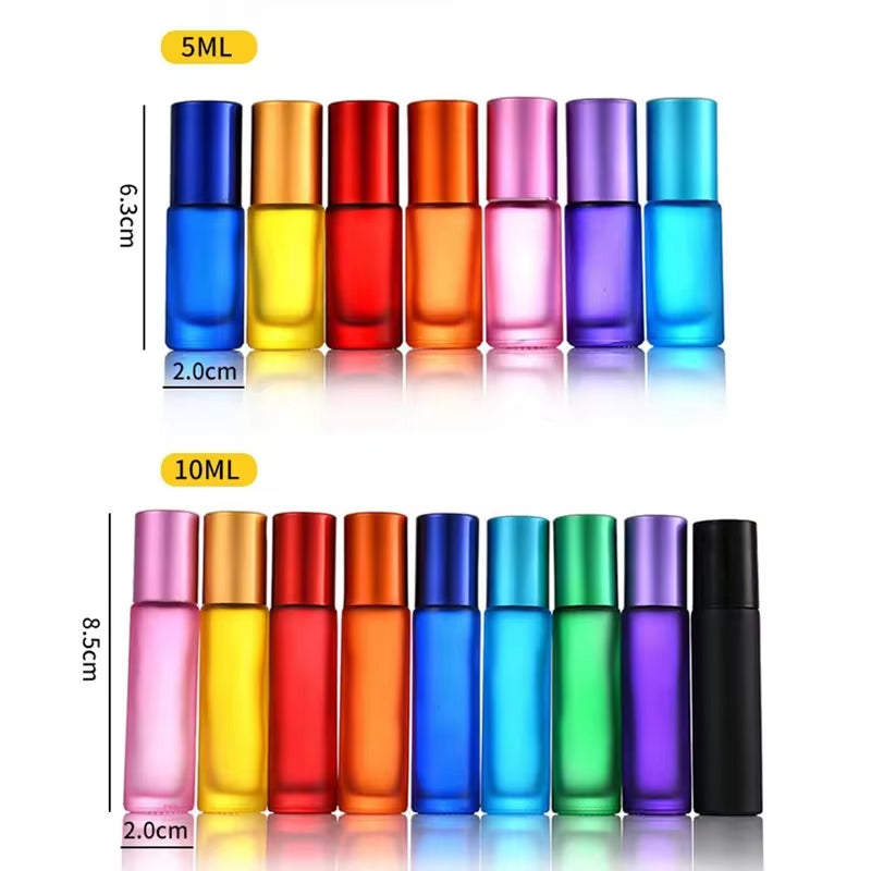 5Pcs 5/10Ml Portable Frosted Glass Essential Oil Roller Bottles Mini Refillable Roll on Vials W/ Opener Funnels for Aromatherapy