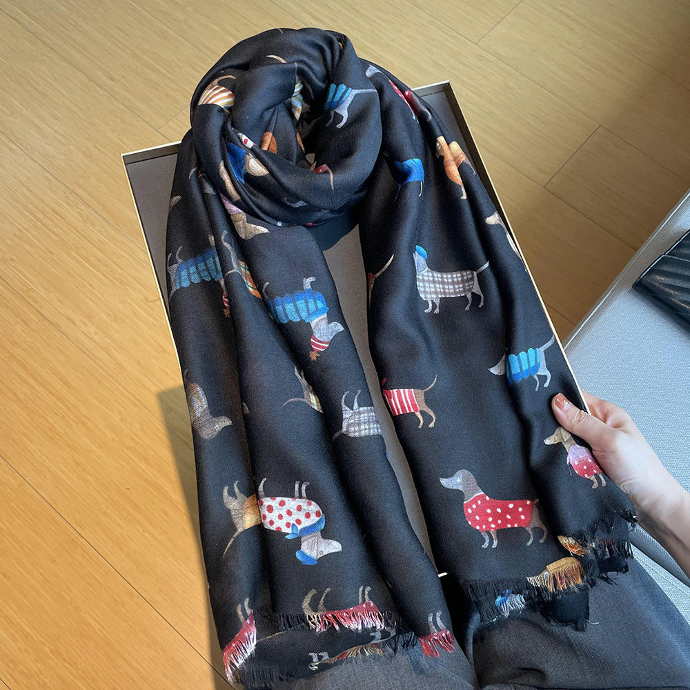 Women's Artistic Travel Shawl Dog Pattern Warm Long Scarf