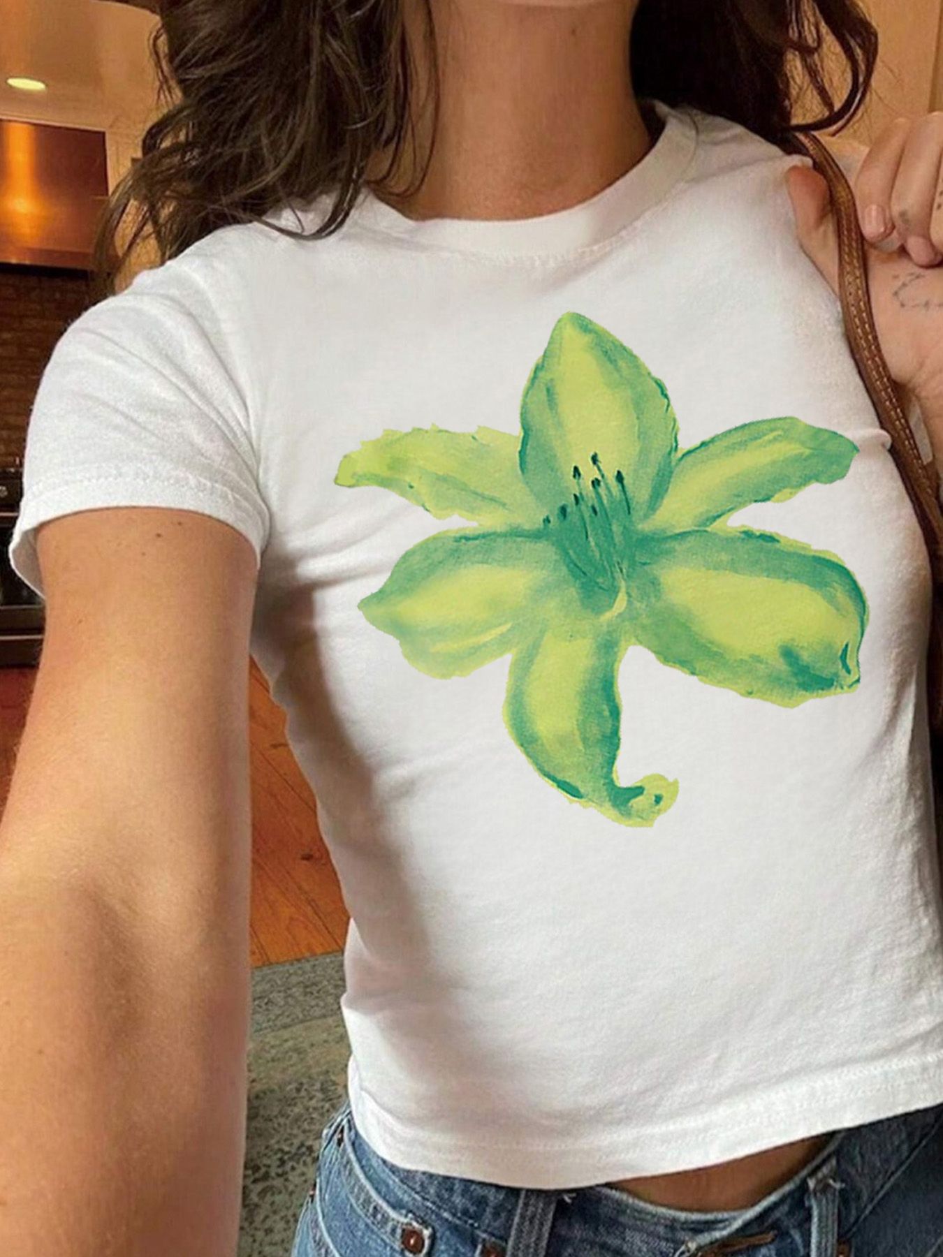 Printed Slim-fit Shoulder T-shirt Sweet And Spicy Top