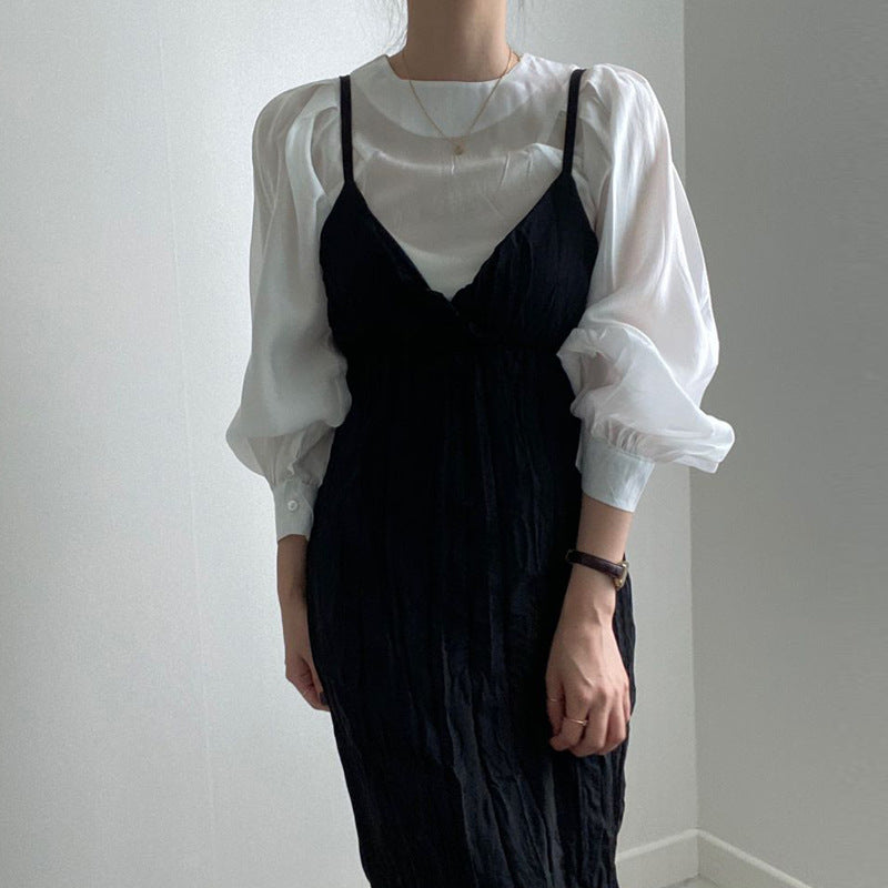 Women's Solid Color French Simplicity Round Neck Puff Sleeve Shirt