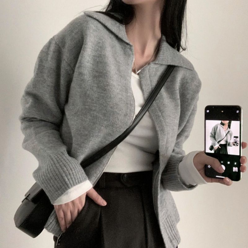 Polo Collar Double-headed Zipper Sweater Cardigan