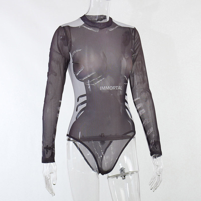 Human Body Digital Print Long Sleeve Crew Neck Mesh Yarn Perspective Jumpsuit