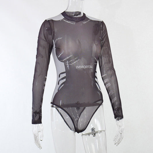 Human Body Digital Print Long Sleeve Crew Neck Mesh Yarn Perspective Jumpsuit