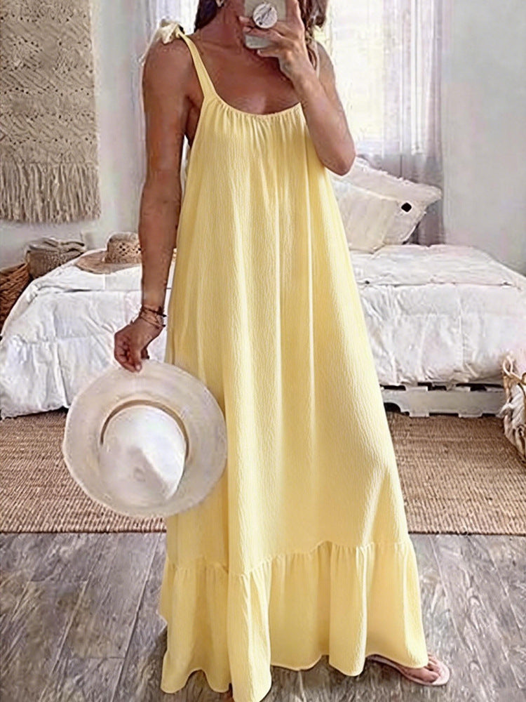 Casual Sling Dress With A U-neck Classic Pleating And Multiple Color Options