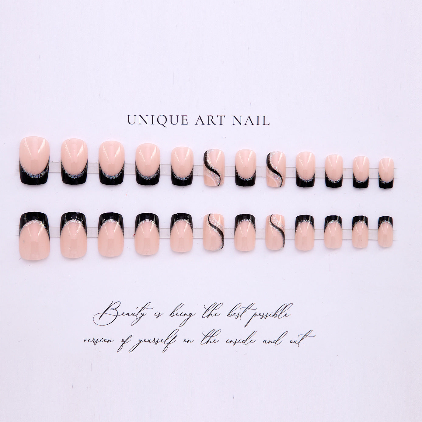 Long Square Black Glitter Lines Nail Sticker