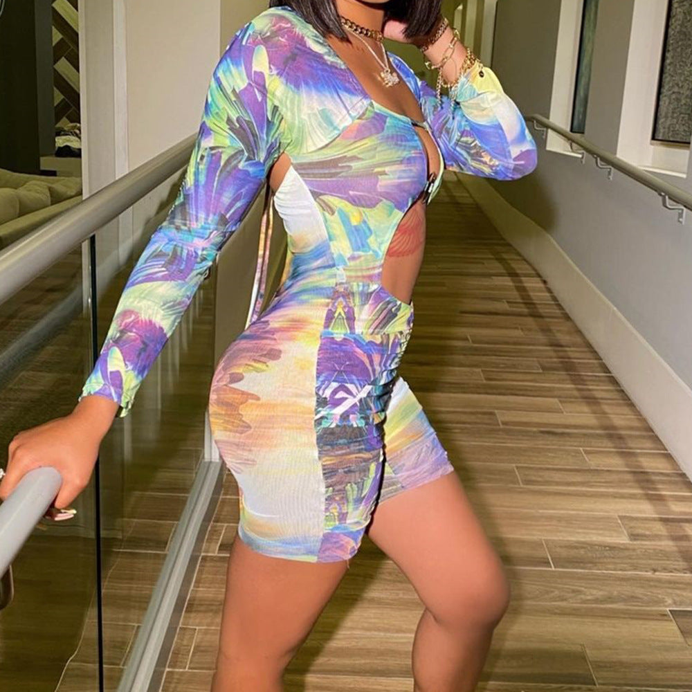 Women's Fashion Mesh Printed Tight Jumpsuit