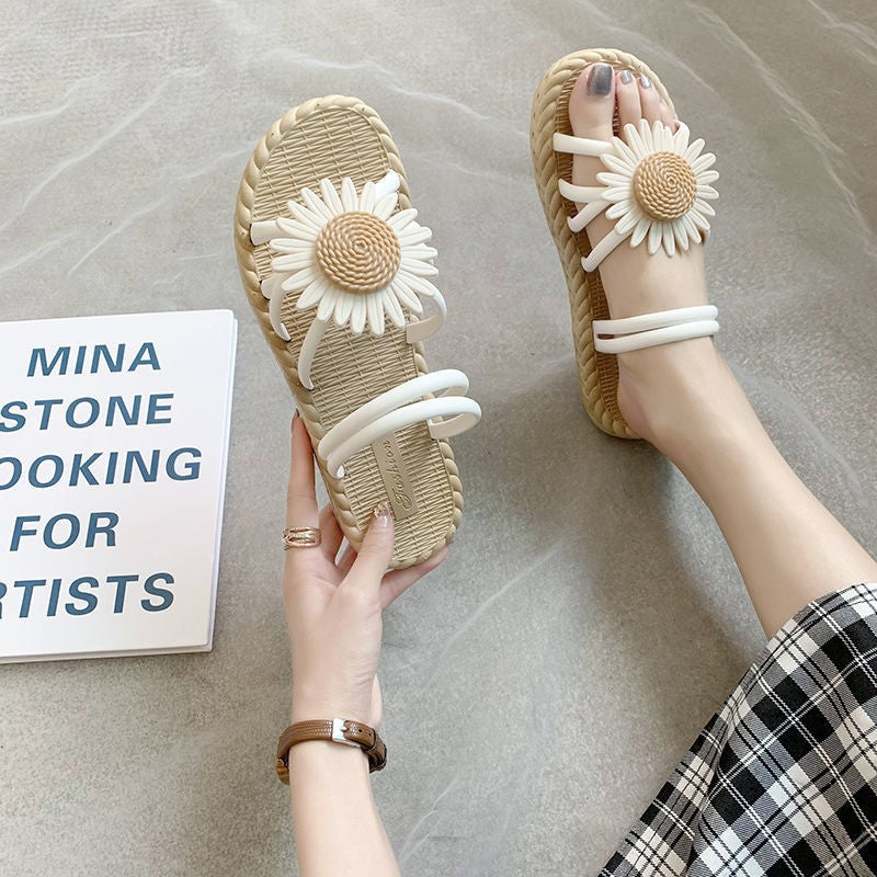 Outer Wear Student Fairy Style Flat Sandals And Slippers With Small Wrinkle Chrysanthemum