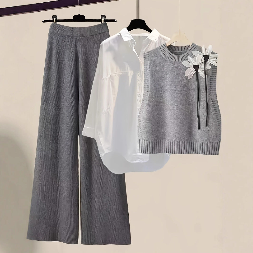 Casual Single-Breasted Shirt Bow-Decorated Knitted Vest And Casual Pants Three-Piece Set