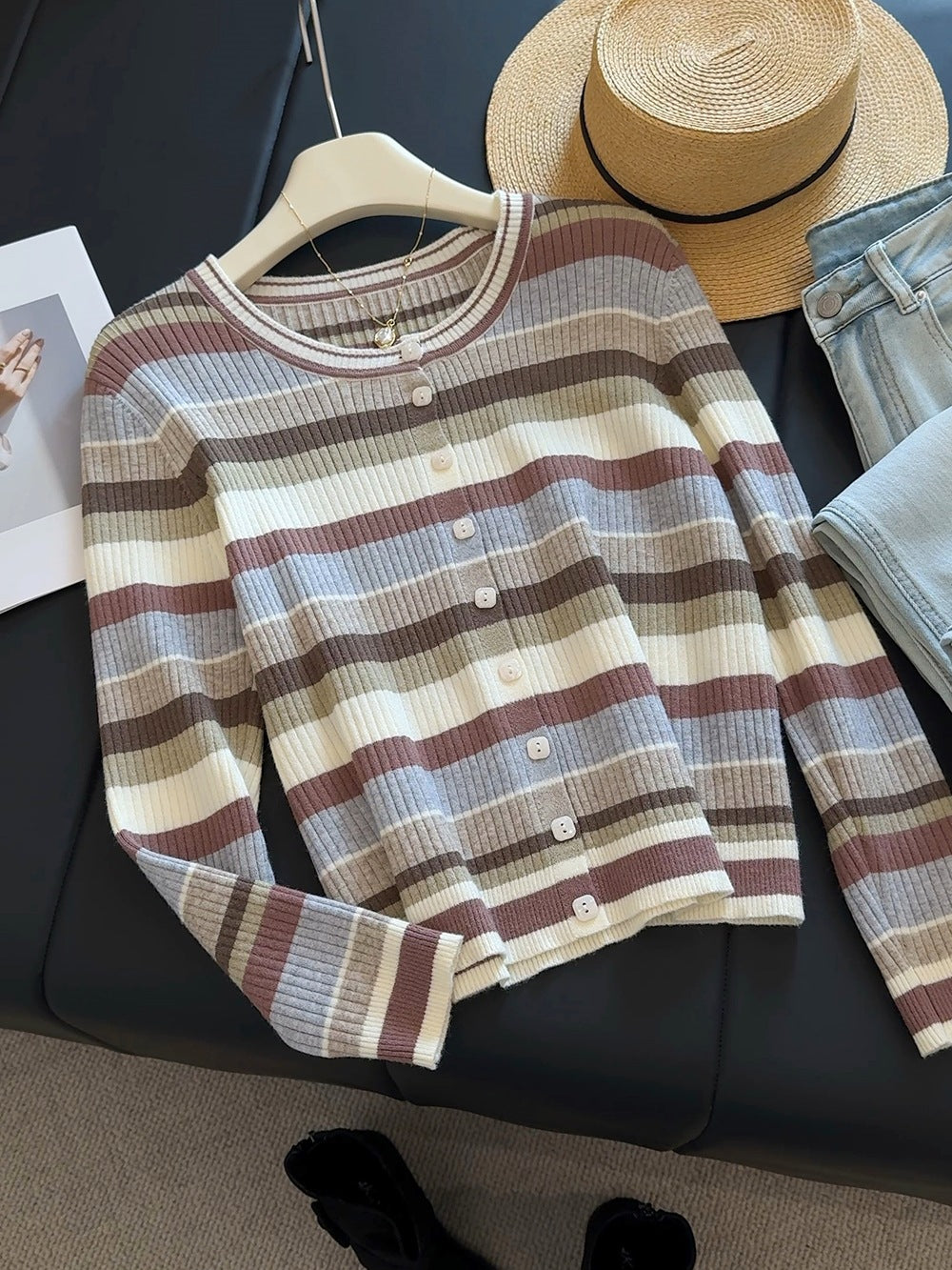 Women's Long-sleeved Striped Knit Sweater Thin Fitted Base Sweater