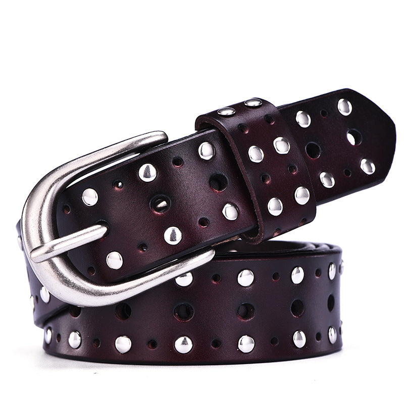 Women's Real Cowhide Trousers Belt With Punk Rivets European And American Style