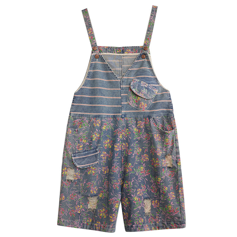Oversized Chubby Mm Loose And Slim Five Piece Jumpsuit With Printed Denim Straps