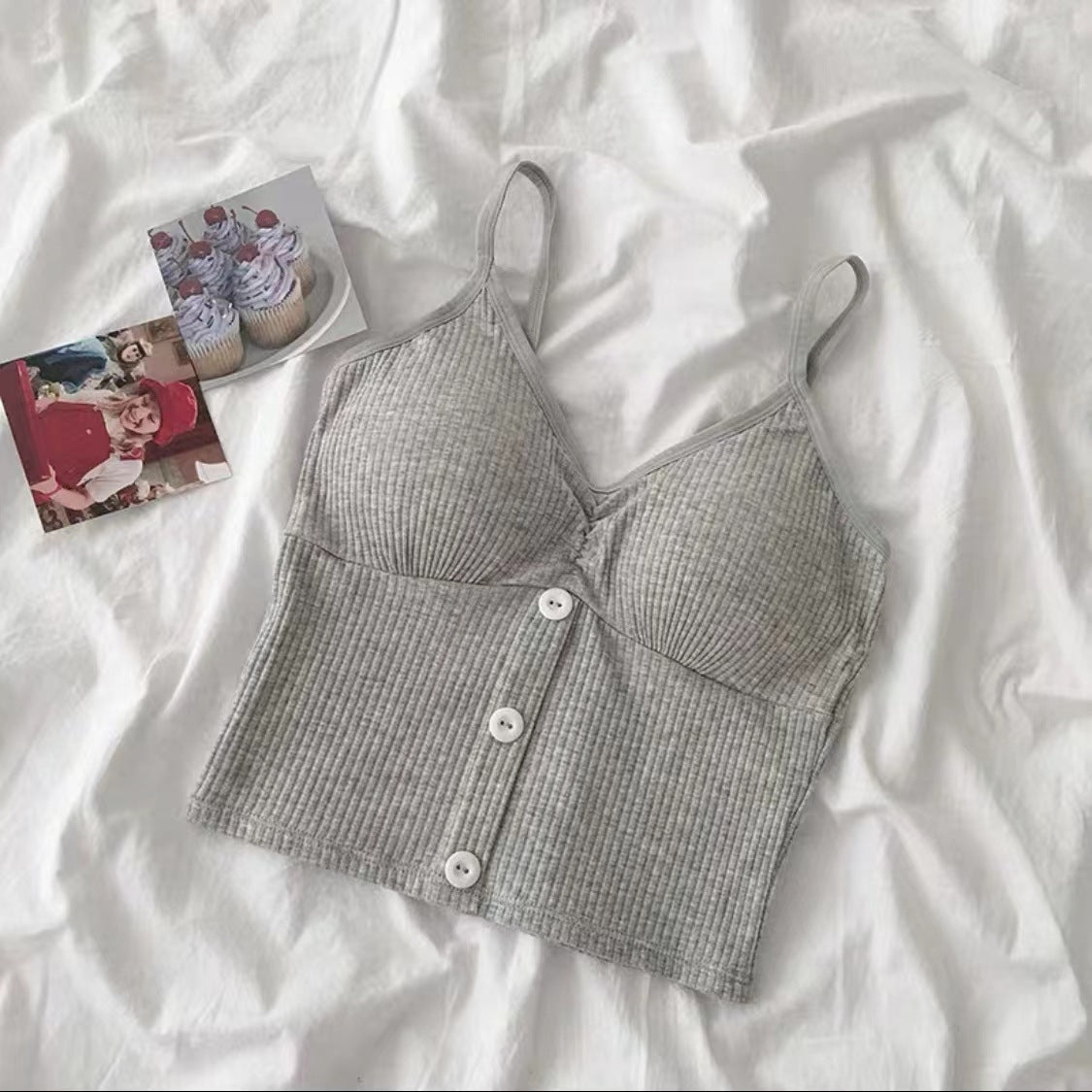 Button Solid Color Camisole Cotton Vest Girl