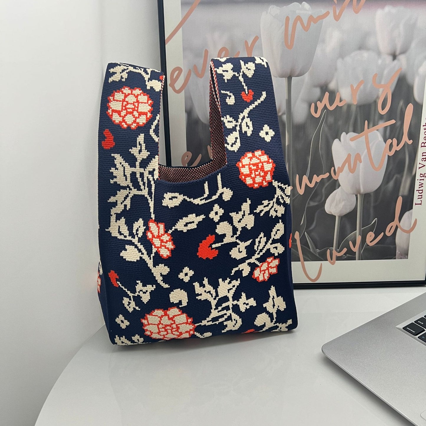 Girl's Floral Patchwork Knitted Handbag One Shoulder Knitted