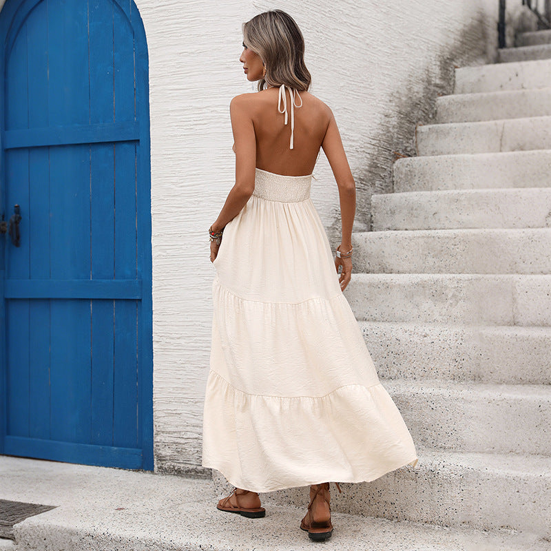 Resort-Style V-Neck Halterneck Lace-Up Dress