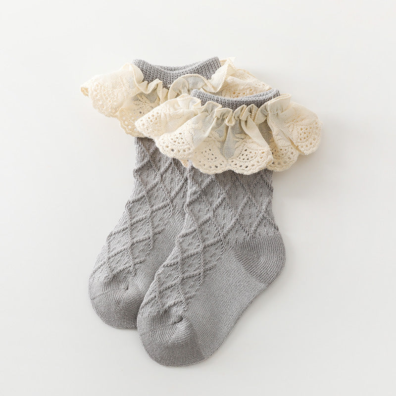 Korean Solid Lace Girls' Medium Tube Socks