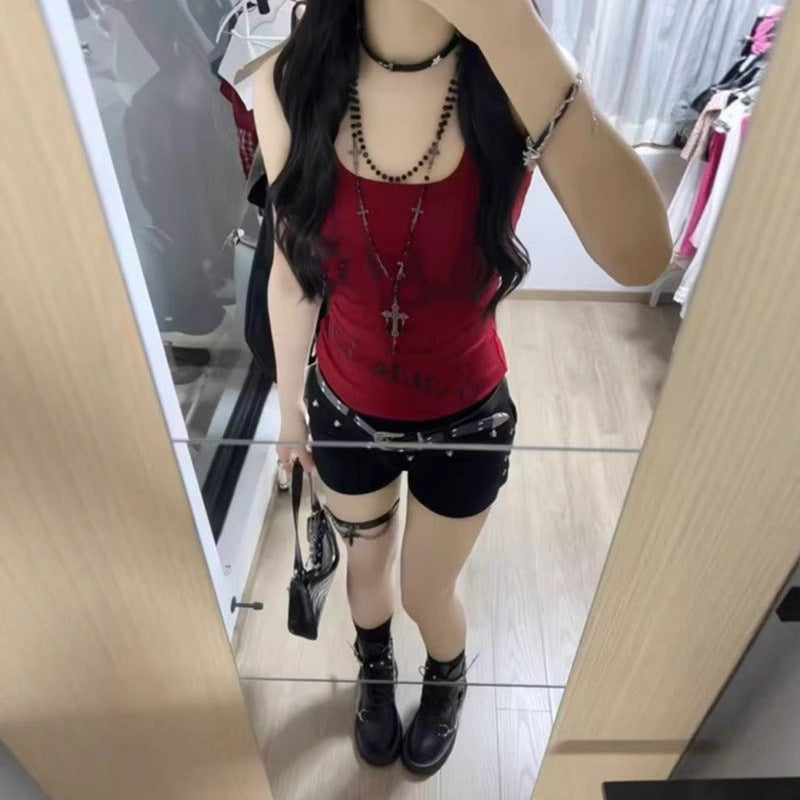 American-style Retro Red Racerback Tank Top For Sassy Girls