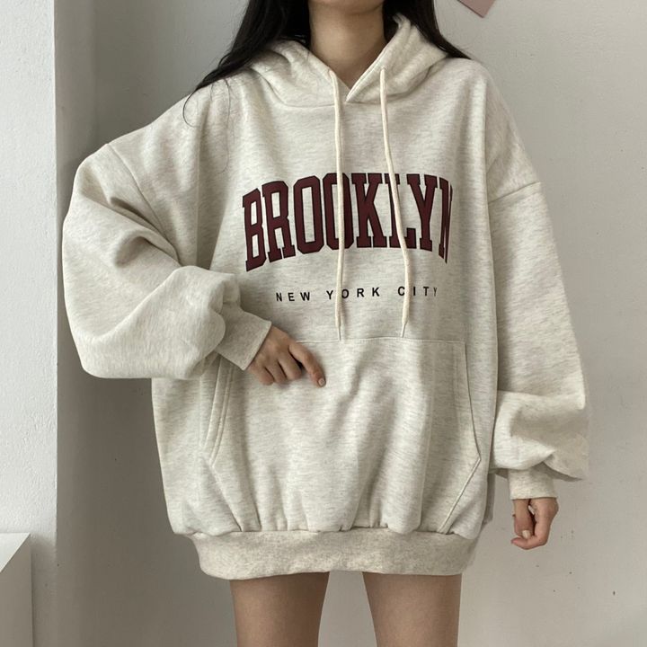 Sweater til damer, mellemlang, med bogstavprint, hætte, løs pasform