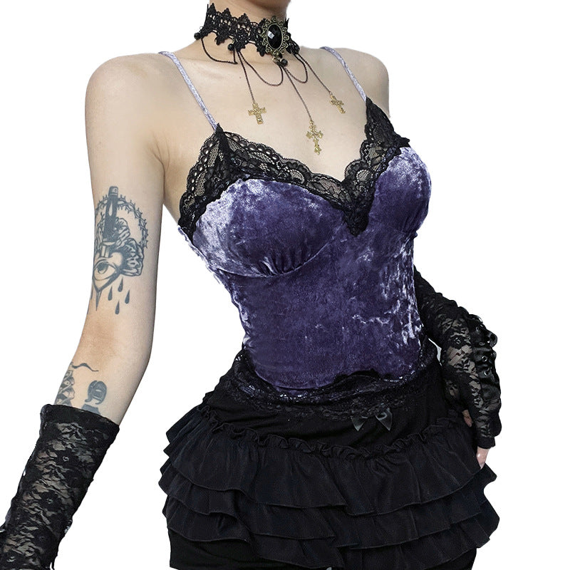 Women's Dark Style Velvet Lace Autumn Hot Girl Patchwork Top Vest