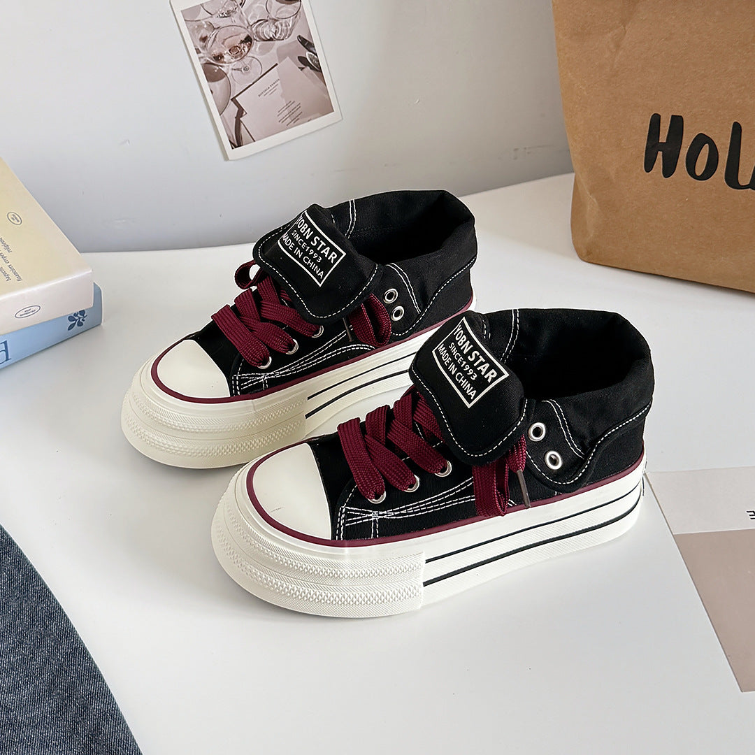Womens Thick-Soled High-Top Canvas Shoes Black All-Match Sports Casual Sneakers With Height-Boosting Sole