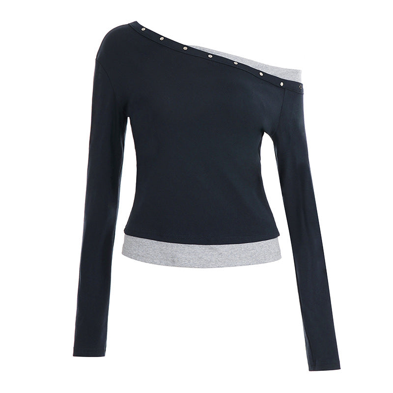 Designed As A Faux Two-piece This T-shirt Features A Slanted Shoulder And Contrasting Colors