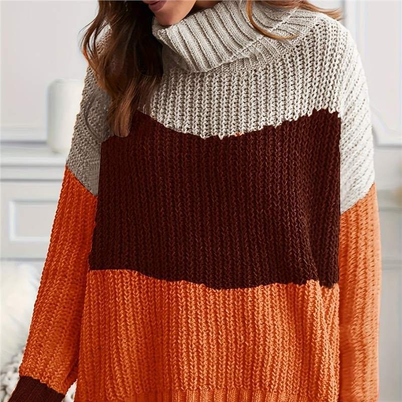 High Collar Color Matching Warm All-matching Female Knitted Pullover Sweater