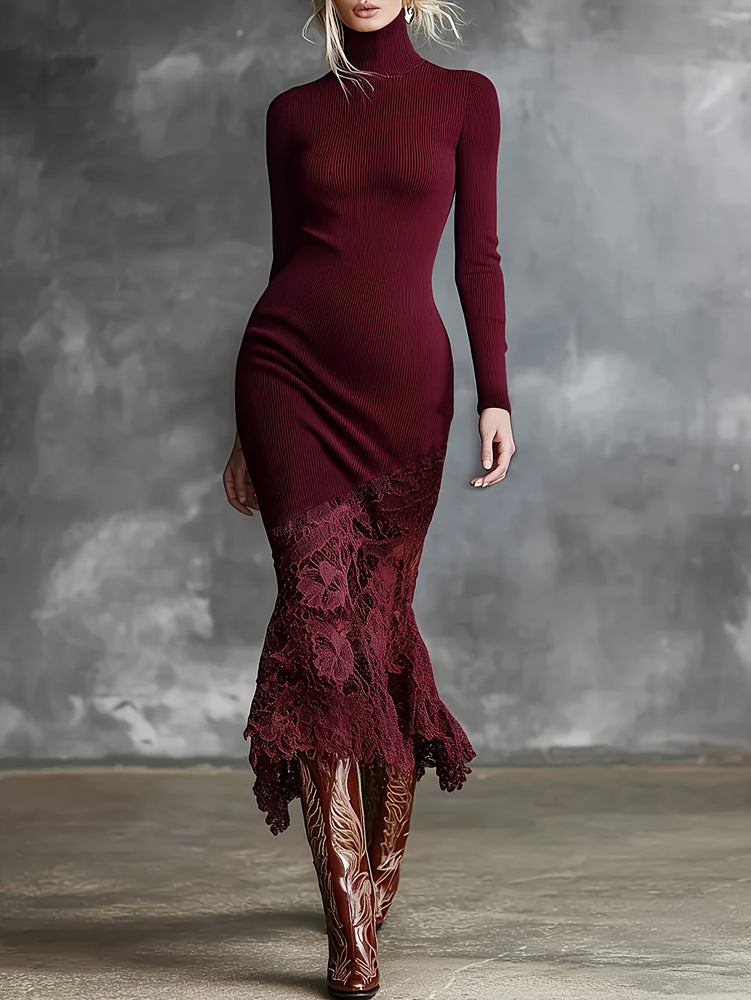 Turtleneck Knit Dress With A Lace Hema Sophisticated Mid-length Skirt
