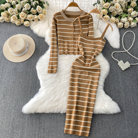 Elegant Striped Slip Dress And Knitted Cardigan Set