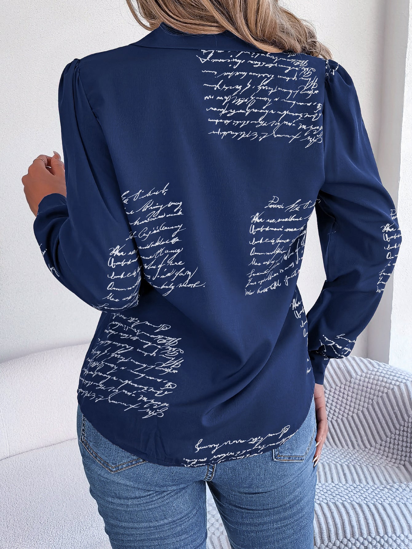 Women's Casual Versatile Letter Print Notched Lapel Long Sleeve Shirt