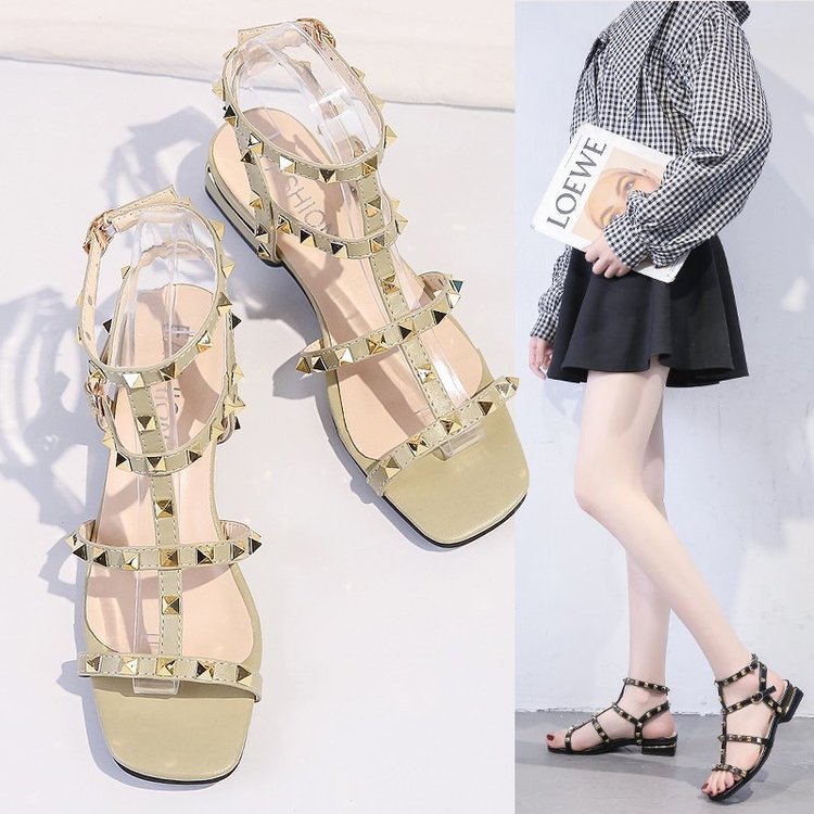 Pointed Toe Low-heel Roman Sandals Female Summer One-word Buckle Belt Thick Heel Mid-heel