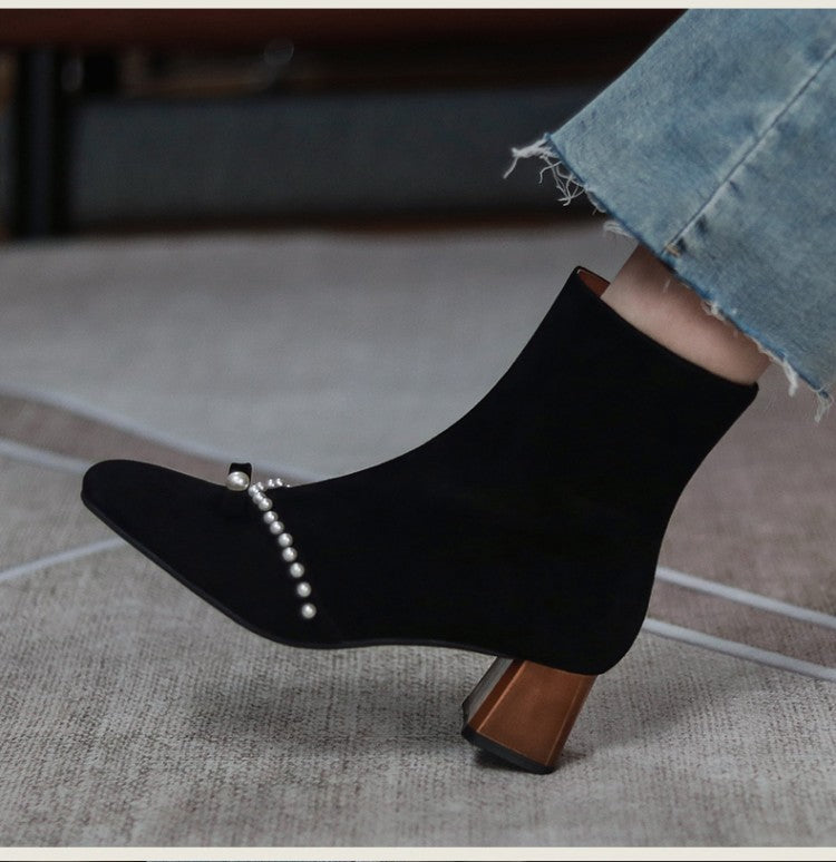 Thick Heel Round Head Pearl Bow Knot Side Zipper Short Boots Mid Heel
