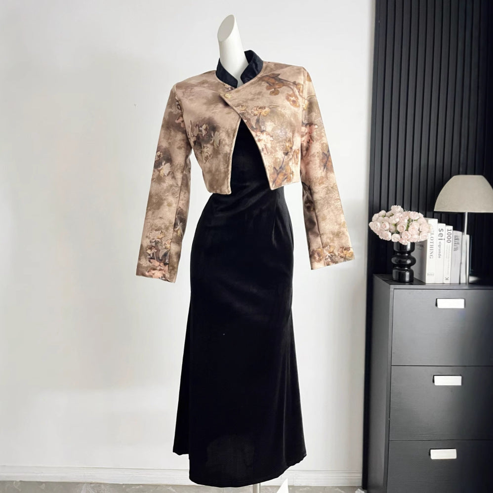 Womens Autumn Two-Piece Set Short Jacket And Suspender Dress