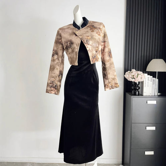 Womens Autumn Two-Piece Set Short Jacket And Suspender Dress