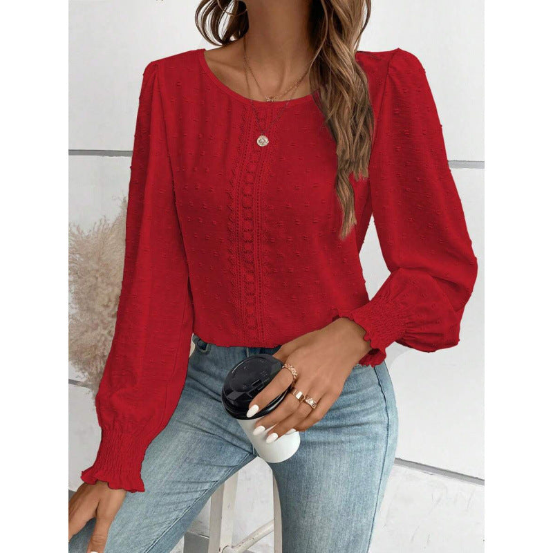 Womens Casual Top With Dotted Lace Trim And Lantern Sleeves