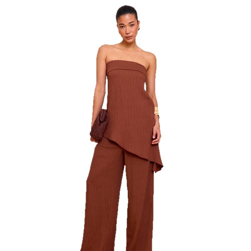 Womens Elegant Sexy Casual Loose Tube Top And Ice Silk Pleated Solid Color Straight Pants Set