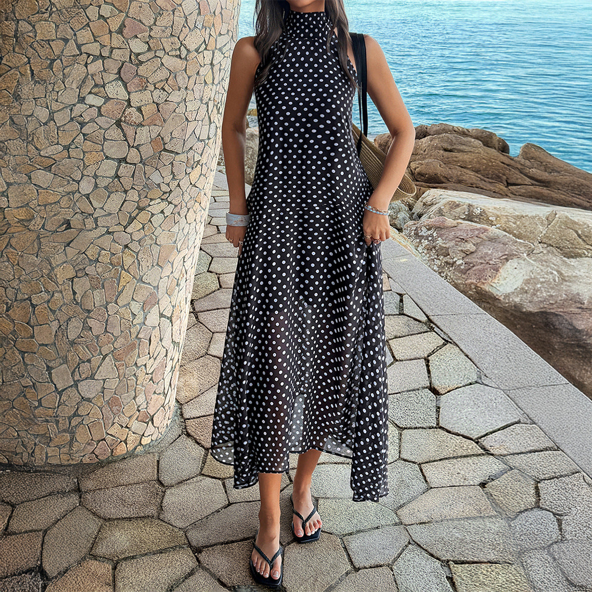 Women's Casual Holiday Polka-Dot Halter Dress