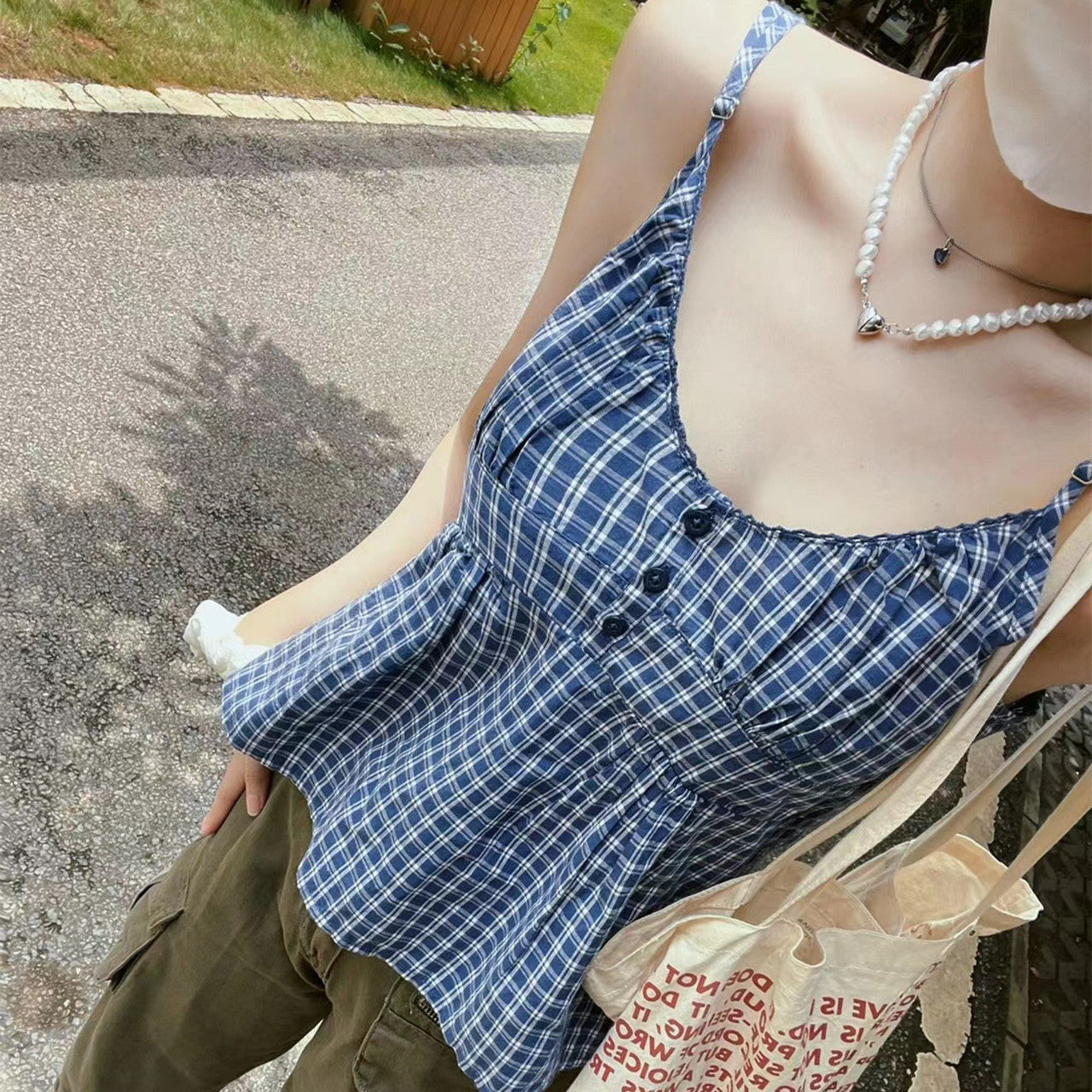 Three-button Plaid Camisole Women's Outer Wear