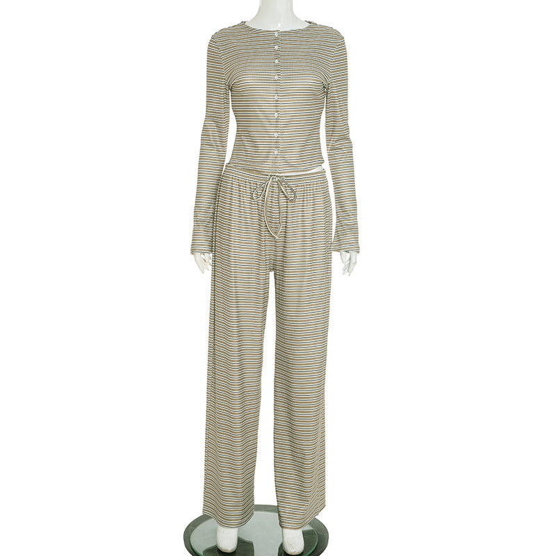Striped Single-breasted Long Sleeve Drawstring Trousers Two-piece Suit