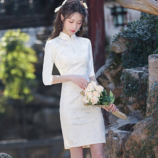 Elegant, High-end Short White Retro-modernized Cheongsam Dress